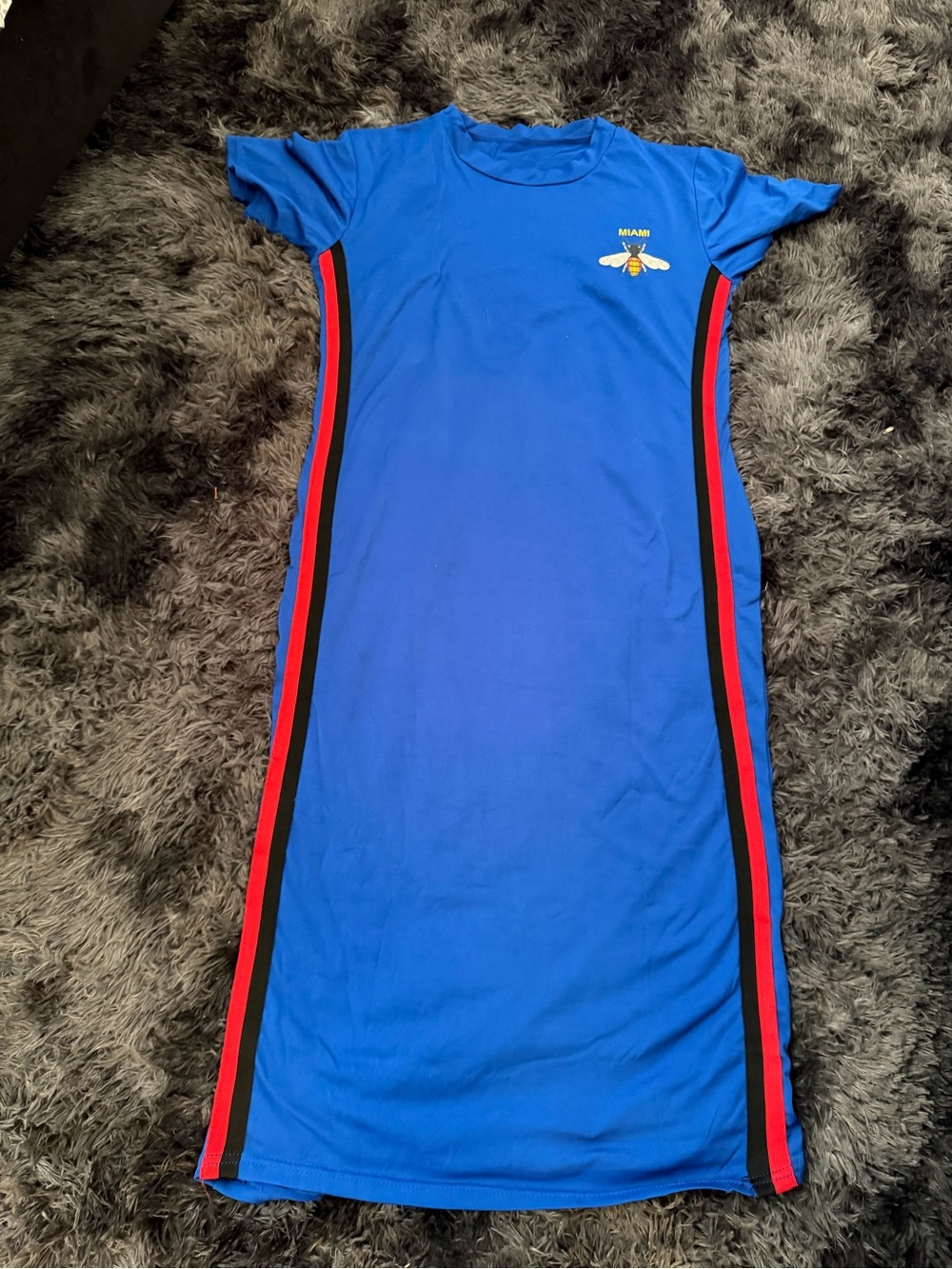 miami Bright Blue Tee Midi Dress with Red and Black Side Stripes
